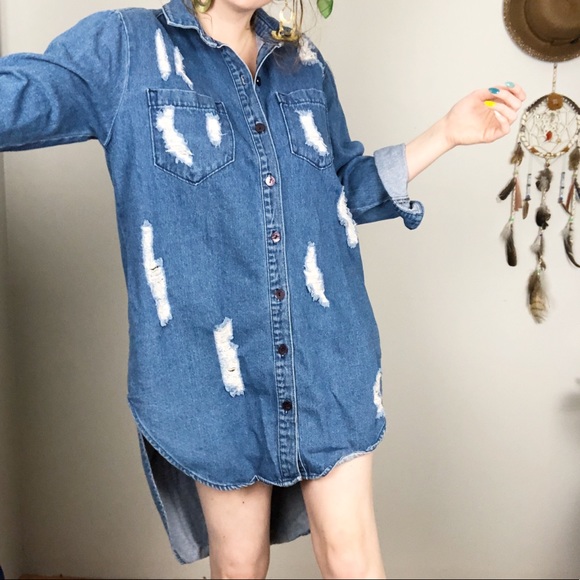 Vibrant MIU Dresses & Skirts - Distressed Denim Hi-Lo Casual Tunic Dress